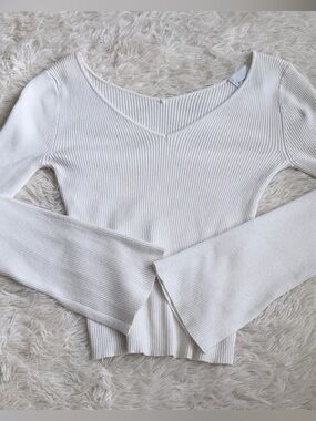 Pink Rose Cream Ribbed V-Neck Long Sleeve Top